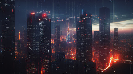 Fototapeta premium Smart digital Innovation city with connection network reciprocity over the cityscape. of future smart wireless digital city and social media networking systems that connects people with in city