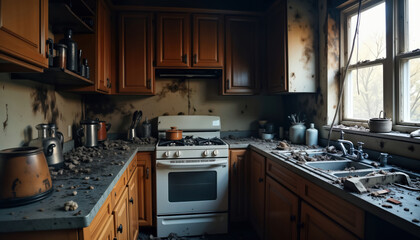 Damaged kitchen interior after fire. Sooty walls, charred debris cover everything. Kitchen appliances, utensils coated with soot. Disaster scene. Home renovation insurance claim needed. Safety