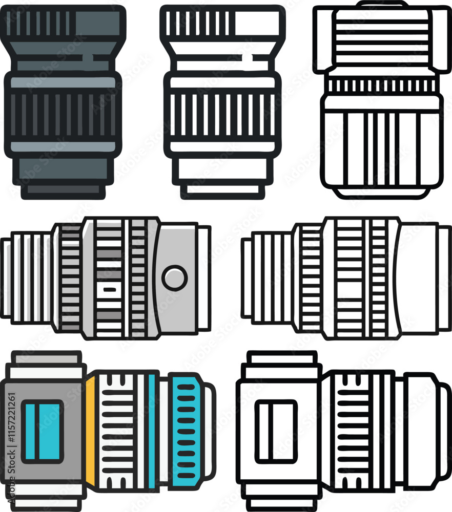 Poster camera lens icon set in color and line art, vector set of eight camera lens icons in color and line 