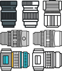 Camera Lens Icon Set in Color and Line Art, Vector set of eight camera lens icons in color and line art styles, showcasing various lens designs for photography and professional camera equipment.
