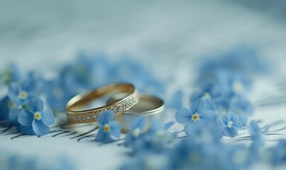 Two gold wedding rings are on top of a blue flower petal