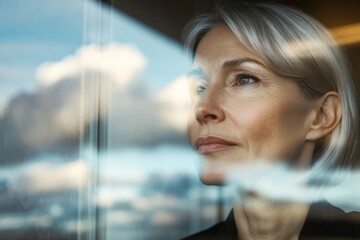 A middle-aged woman with gray hair looks contemplatively through a window, with clouds reflected on the glass, symbolizing introspection and tranquility.