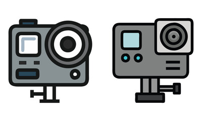 Modern Action Camera Icons in Color, Vector illustration of two modern action camera icons in color, featuring compact designs for video recording, photography, and outdoor activities.

