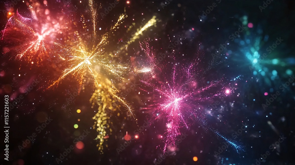 Poster vibrant and colorful fireworks bursting in a night sky, creating a dazzling display of light and col