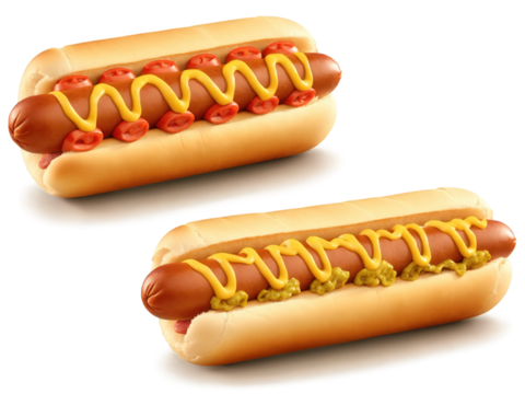 Hot dogs deluxe All-beef hot dogs, soft buns, creative toppings, transparent bg, bold primary colors
