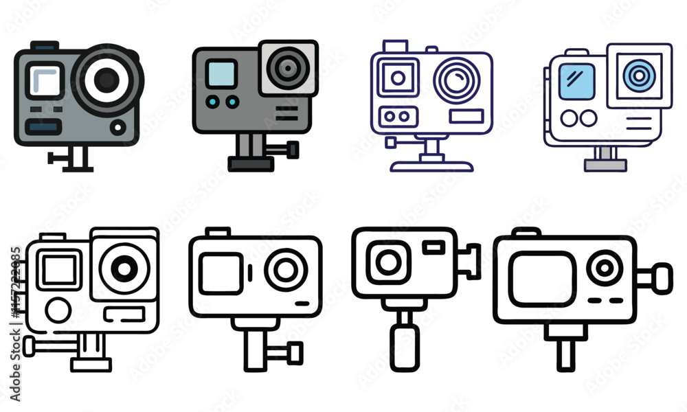 Poster action camera icon set in line and color, vector illustration of eight action camera icons in variou