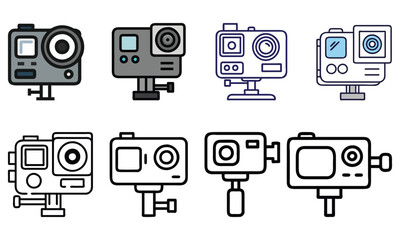 Action Camera Icon Set in Line and Color, Vector illustration of eight action camera icons in various styles, including line art and color, highlighting compact and portable designs.
