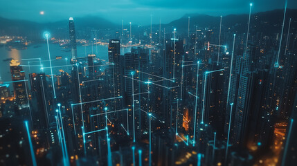 Obraz premium Smart digital Innovation city with connection network reciprocity over the cityscape. of future smart wireless digital city and social media networking systems that connects people with in city
