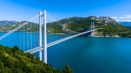 Obraz premium Stunning Suspension Bridge Over Clear Blue Water with Scenic Hills