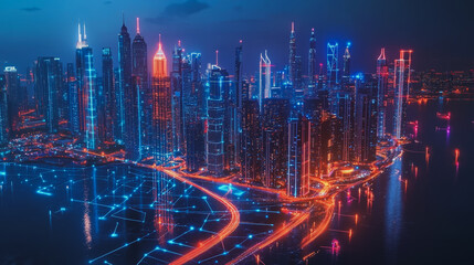 Fototapeta premium Smart digital Innovation city with connection network reciprocity over the cityscape. of future smart wireless digital city and social media networking systems that connects people with in city