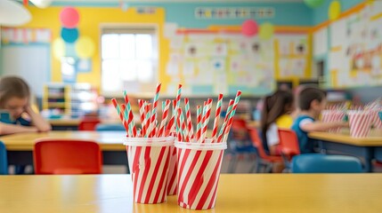 A bright and cheerful classroom with students using eco-friendly striped paper straws in craft projects.