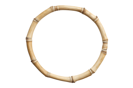 Circular bamboo frame with natural fibers, eco friendly aesthetic. Isolated on transparent background cut out