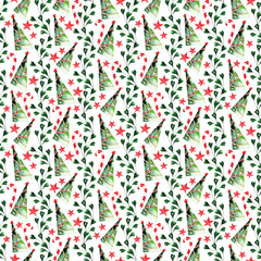 Watercolor seamless New Year's pattern with Christmas trees, stars, lollipops and toys