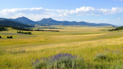 Fototapeta premium Scenic Landscape of Lush Green Meadow with Purple Wildflowers and Majestic Mountains in the Distance