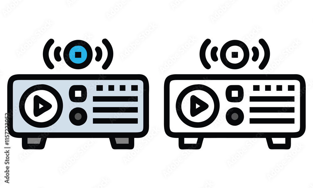 Poster media player with wireless signal icons, vector illustration of media player icons in color and outl