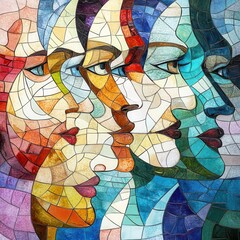 Obraz premium Mosaic of triumphant faces blending into abstract patterns, concept of collective success.