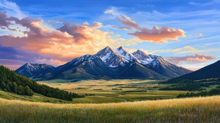 Breathtaking Majestic Mountain Landscape with Sunset Sky and Lush Grassland Field
