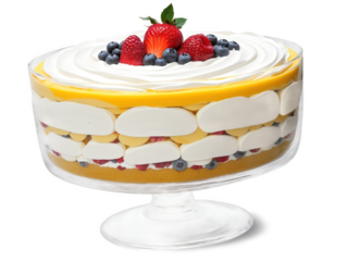 Trifle Elaborate trifle in a glass bowl with layers of cake, custard, fruit, and whipped cream, transparent bg.