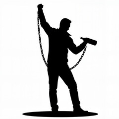 Silhouette of person breaking free from chains with a bottle, liberation, alcohol addiction