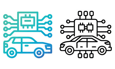 Smart Car Technology Icon Set, Vector illustration of smart car and microchip icons in line art and gradient styles, representing automotive technology and innovation.
