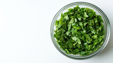 Fresh Green Leafy Vegetables in a Clear Glass Bowl on White Surface