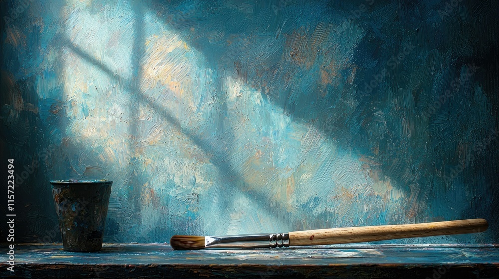 Poster a painter's tools on a textured surface illuminated by soft light.