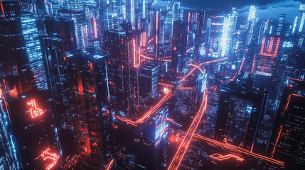 Fototapeta premium Smart digital Innovation city with connection network reciprocity over the cityscape. of future smart wireless digital city and social media networking systems that connects people with in city