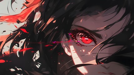 Medium shot of an anime girl with black hair and red eyes, capturing her emotions in a striking way