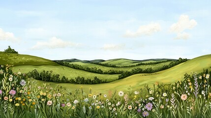 Fototapeta premium Picturesque Countryside Landscape with Blooming Flowers and Rolling Green Hills