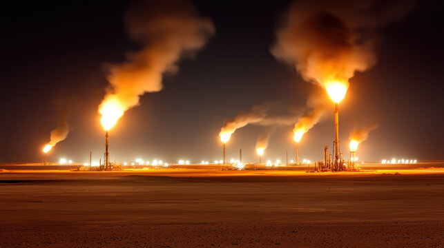 Desert night scene glowing oil flares with Oil industry in the Arab world concept
