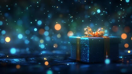 A beautifully wrapped blue gift box with a golden ribbon sparkles against a background of colorful bokeh lights.