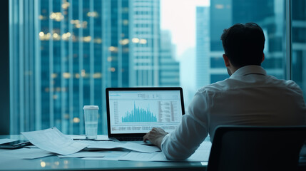 Business professional analyzing data on a laptop in a modern office with a city view during the evening
