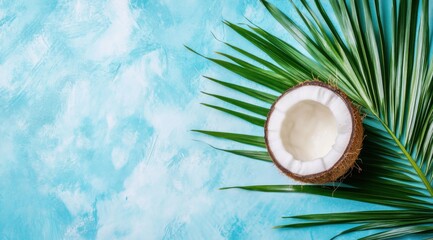 Coconut on a blue background with a palm leaf, top view, flat lay. An exotic concept for design. 