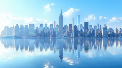 Obraz premium A panoramic view of a city skyline reflected in water, showcasing iconic buildings and blue skies.