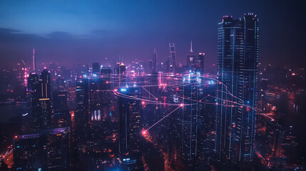 Fototapeta premium Smart digital Innovation city with connection network reciprocity over the cityscape. of future smart wireless digital city and social media networking systems that connects people with in city