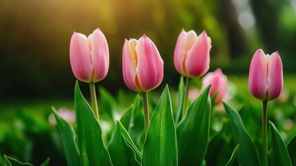 Vibrant Pink Tulips Blooming in a Lush Green Garden During Springtime