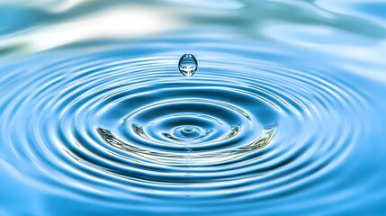 A close-up of a water droplet creating ripples in a calm blue surface.