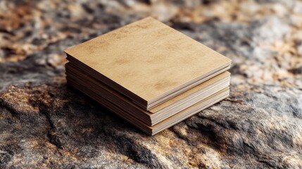 Obraz premium A textured stack of square, brown, cardboard-like sheets rests on a rocky surface, showcasing a natural and rustic aesthetic.