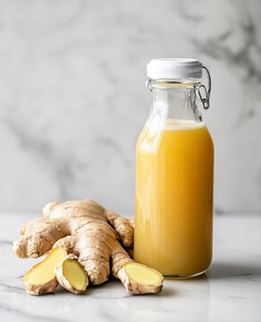 Ginger shot healthy drink with curd in a plastic bottle on white Mabel background. Immunity Boosting Tonic.