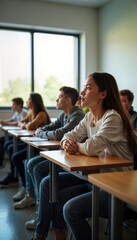 Students attentively sit in modern classroom. Natural light streams through large windows creating bright learning atmosphere. Students focused on lesson, actively participating in study session.