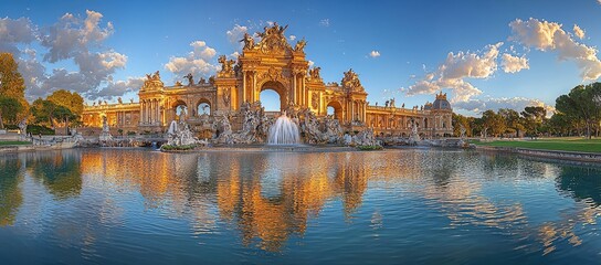 Fototapeta premium A panoramic view of a grand architectural fountain surrounded by lush greenery and water reflections.