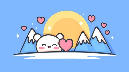 Naklejka premium Cute polar bear holding heart, mountains, sunset.