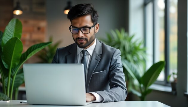 Indian businessman works on laptop in office. Looks focused, pro. Modern workplace with plants. Success, tech. Business lifestyle. Man works on project. Executive at workplace. Businessman using