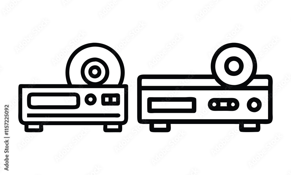 Poster dvd player line icons with discs, vector illustration of two minimal dvd player icons with discs ins