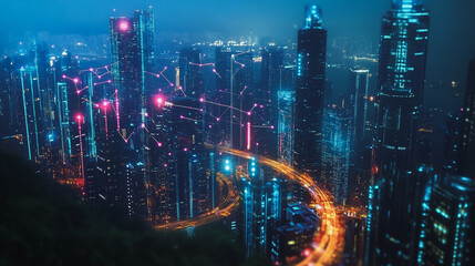 Fototapeta premium Smart digital Innovation city with connection network reciprocity over the cityscape. of future smart wireless digital city and social media networking systems that connects people with in city