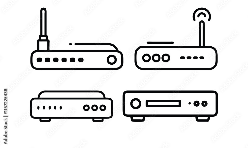 Aufkleber router and modem icon set illustration, vector illustration of four minimal router and modem icons, 