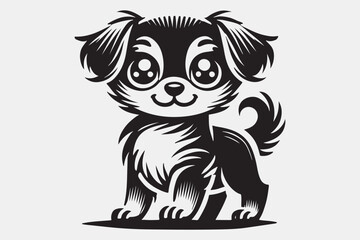 A stylized black and white silhouette of a puppy sitting.