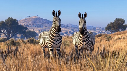 Fototapeta premium Two zebras standing side by side in a golden grassland under a clear blue sky.