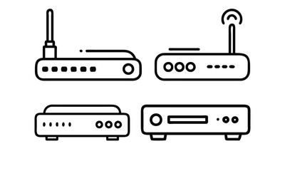 Router and Modem Icon Set Illustration, Vector illustration of four minimal router and modem icons, featuring wireless antennas and ports, designed in a simple line style.
