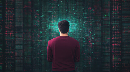 Visualizing data in digital environment, man stands in awe